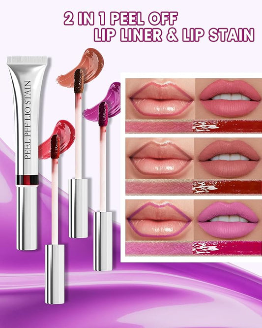 3Pcs Peel Off Lip Stain & Lip Liner Set Long Lasting,Tattoo Lipstain Peel Off Lip Gloss Nude Matte Lipstick, Waterproof,Transfer-Proof Lip Tint for All-Day Wear Women Lip Stain Color Makeup Gift-B
