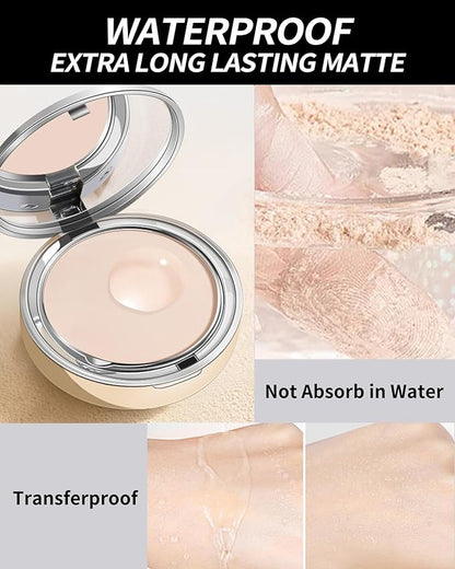Pressed Mineral Powder Foundation,4-in-1 Matte Setting Powder with Concealer&Finishing Powder Makeup Color Correcting Medium to Full Flawless Coverage Foundation, Waterproof Long Lasting,Ivory