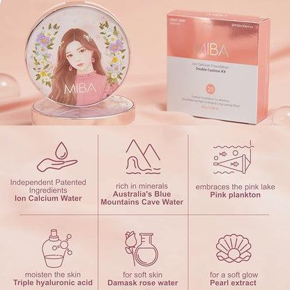 MIBA Ion Calcium Foundation Double Cushion RX 25 g / 0.88 oz Big Cushion SEASON 2 Long Lasting Effect for Dewy Skin. Skin moisturizing. Skin tightening relief. Fine coverage. Smooth adhesion (No 21)
