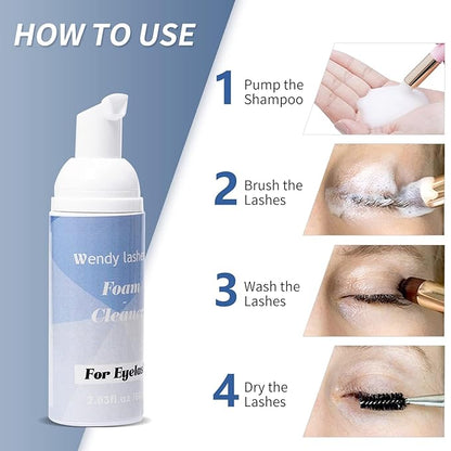 Wendy Lash Shampoo Kit for Cleaning: for Home and Salon Use, 60ML Mild, Natural Formula, with Brushes, SL-HS
