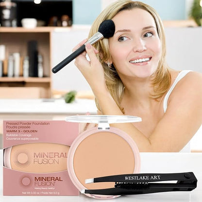 Pressed Powder Foundation Warm 3, Medium To Tan Coverage, Bundled With Eyebrow Tweezers - Matte Finish, Talc Free Face Powder, Antioxidant Foundation Makeup (Pack of 3)
