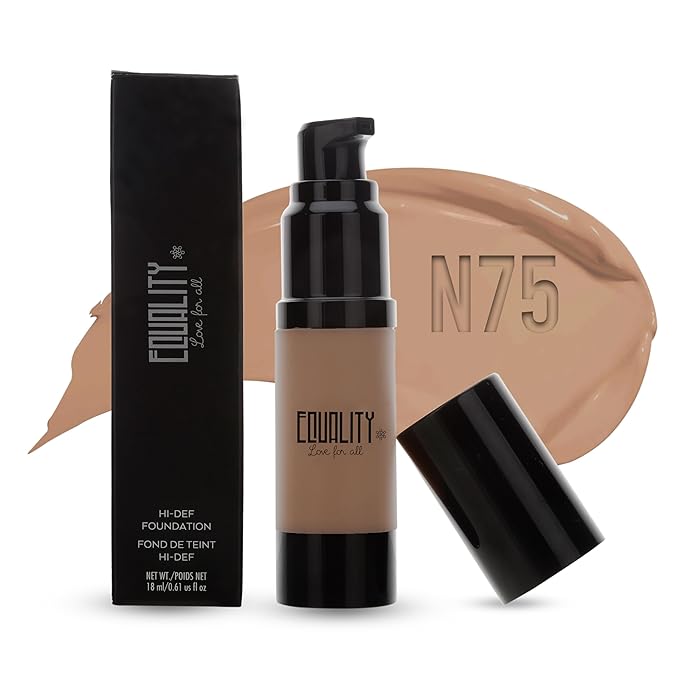 EQUALITY HI-DEF Foundation, Water resistant, Medium to Full coverage, Dewy finish non-matt, 12 hour wear Shine control, Cruelty Free, Paraben Free, 18ml/0.61 US Fl Oz - N75