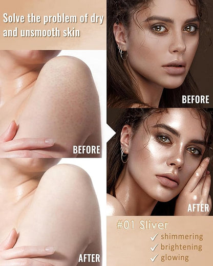 Body Shimmer Glow Oil, Waterproof Long Lasting Face Brighten Sliver Luminizer, Moisturizing Hydrating Body Liquid Illuminator Highlighter Women Makeup, Shiny Diamond Face Glitter for Festive Party#01