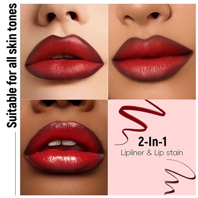 Brown Liquid Lip Liner Red Lip Stain Marker Pen, 2in1 Double Head 2 Color Lip Tint Pencil, Long Lasting Smudge Proof Lightweight Natural Matte Finish All Day Wear Cherry Lip Combo for Women