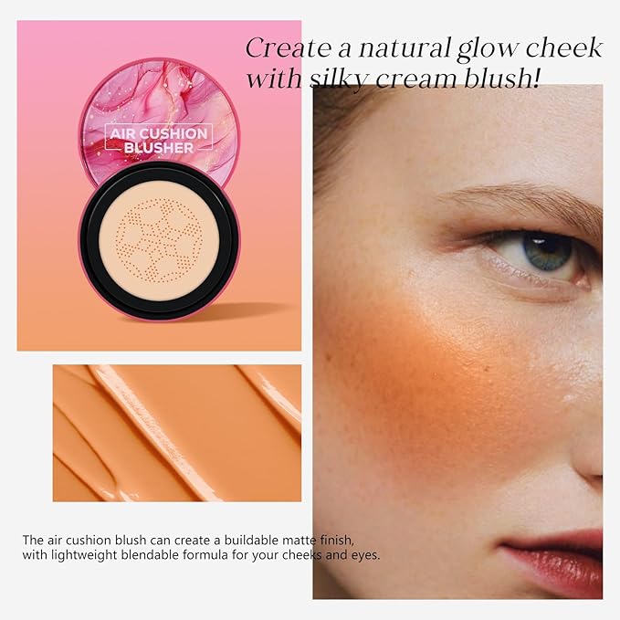 KYDA Air Cushion Blush, Mushroom Head Air Cushion Blusher, Natural Glow Liquid Blusher for Cheeks and Eyes, Buildable Matte Coverage, Lightweight Blendable, Silky Cream Blush Makeup, 02 Warm Orange