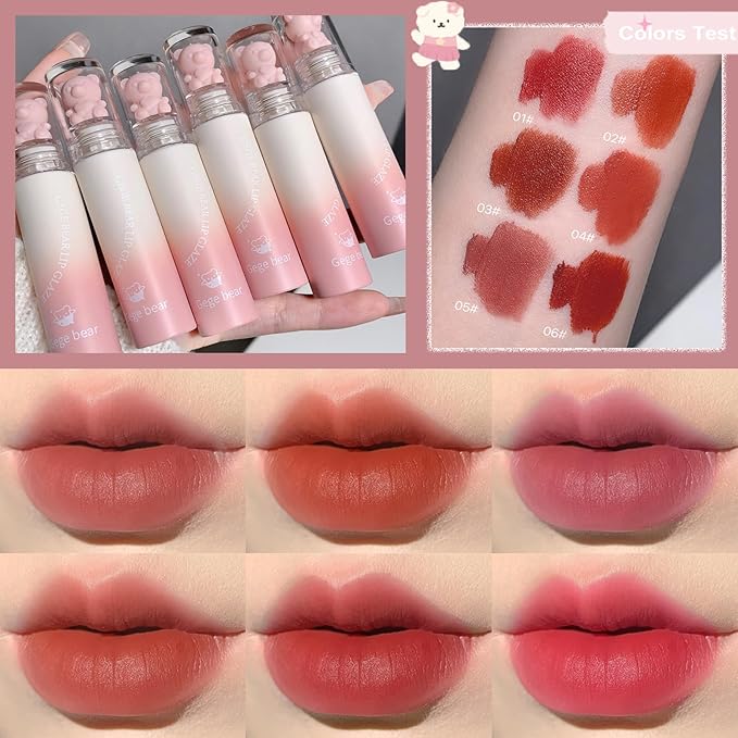 6pcs Pink Bear Matte Lip Gloss, Cute Bear Liquid Lipstick Lip Stain Long Lasting Waterproof Smooth Lip Gloss Lip Glaze Mud Texture Lightweight High Pigment Color Makeup