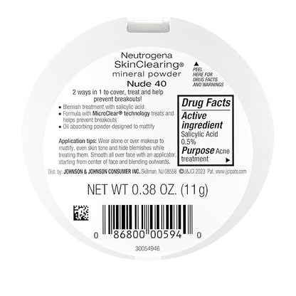 Neutrogena SkinClearing Mineral Acne-Concealing Pressed Powder Compact, Shine-Free & Oil-Absorbing Makeup with Salicylic Acid to Cover, Treat & Prevent Acne Breakouts, Nude 40, .38 oz (Pack of 2)