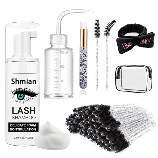 60ml Lash Shampoo - Lash Cleaning Shampoo Kits, Shampoo for Lash Extension & Home Salon Care, 50Pcs Mascara Brushes+ Nose Brush+Rinse Wash Bottle+Spa HeadWand, Lash Mousse for Eyelash Cleansing