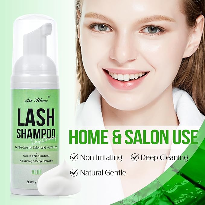 Lash Shampoo for Lash Extensions 60 Ml/2fl.oz Eyelash Extension Cleanser Oil Free Lash Cleanser for Eyelash Care, Gentle Foaming Eyelash Shampoo with Brush for Salon Home Care (Aloe 60ml)