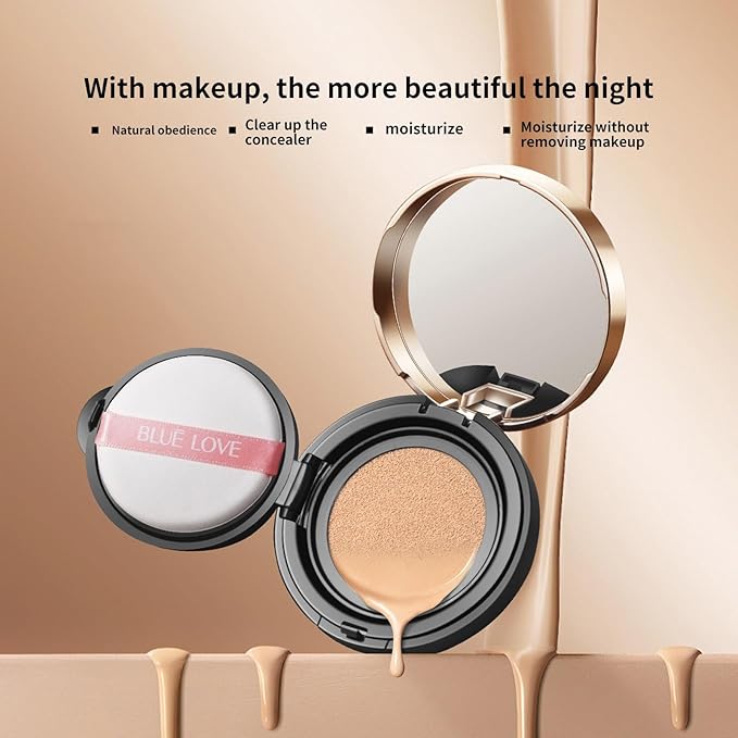 BLUE LOVE BB Cream Cushion Foundation - Lightweight, Waterproof, and Long-Lasting Tinted Makeup, Full Coverage CC Cream for Face & Mature Skin, Hydrating Liquid Foundation Concealer (01 Ivory White)