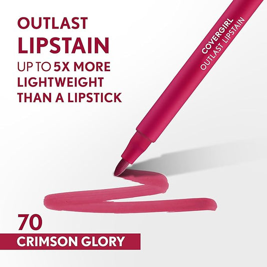 COVERGIRL Outlast, 70 Crimson Glory, Lipstain, Smooth Application, Precise Pen-Like Tip, Transfer-Proof, Satin Stained Finish, Vegan Formula, 0.06oz