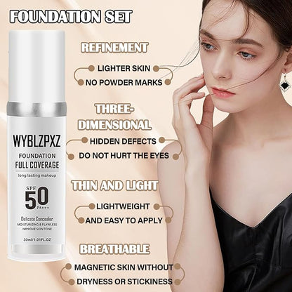 2PCS Color Changing Makeup Foundation Set with Brushes & Makeup Sponge,Flawless Full Coverage Foundation SPF50 PA+++,Moisturizing Non-greasy Liquid Foundation for Women