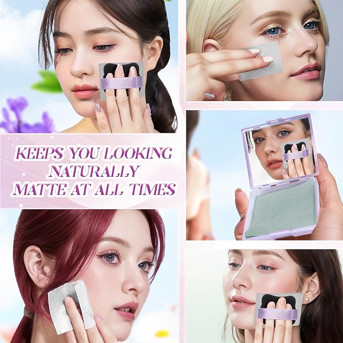 BOROLA 3-in-1 Cute Girl Bamboo Charcoal Oil Blotting Paper Set for Face 100 Sheets Oil Absorbing Sheet with Portable Mirror & Adhesive Makeup Puff, Blotting Paper for Oily Skin, Design for Men & Women
