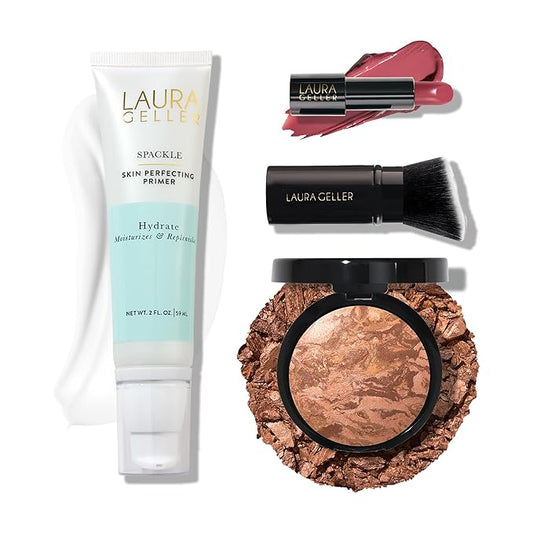LAURA GELLER NEW YORK Effortless Essentials Kits - Cream Finish (4pc): Baked Balance-n-Brighten Foundation, Tand + Spackle Makeup Primer, Hydrate + Modern Classic Cream Lipstick, Real Rosy + Kabuki