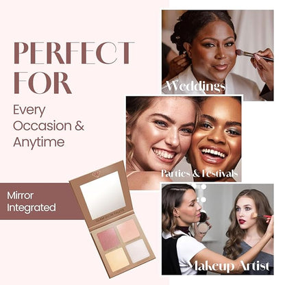 Highlighter Palette Makeup Iluminador - Glow Bronzer Powder Kit With Mirror - 4 Highly Pigmented Face Shimmer Colors - Vegan, Cruelty Free & Hypoallergenic