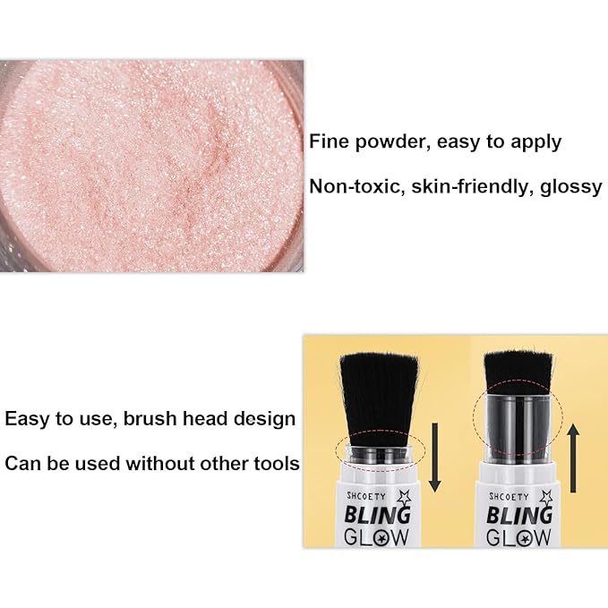 Glitter Powder Highlighter Makeup, Fairy Highlight Shimmer Body Glitter Brush Powder Brightens the Natural 3D Face Patting Powder Blusher for Brighten Face Body Lips Makeup Kit(06# Gold)