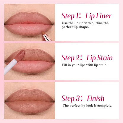 2-IN-1 Lip Liner and Lip Stain, High Pigmented Long Lasting Velvet Lip Tint, Well-Defined Lipliner, Weightless Waterproof Not Animal Tested, Matte Finish Makeup