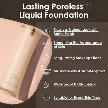 FOCALLURE PerfectBase Lasting Poreless Liquid Foundation, Medium to Full Coverage with Matte Finish, Covers Blemishes & Under-Eye Circles for All Skin Types, CP01 ALABASTER