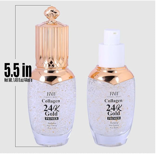 1 Set of 24k Gold Primer Collagen Hydrating skin Firming Rose Scent & Zipper Bag, Clear
