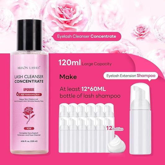 ARISON LASHES Upgraded Lash Shampoo Concentrate 120ml Large Capacity Eyelash Cleanser Professional Lash Extensions Shampoo-Make 24 Bottles 60ml (Rose)