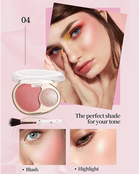 Blush and Highlighter Palette,2 in 1 Rose Pink Blusher Champagne Shimmer Highlighter, Matte Blusher and Bronzer for Face Cheeks, Longlasting Waterproof Facial Makeup Set with Brush, Gift for Women-04