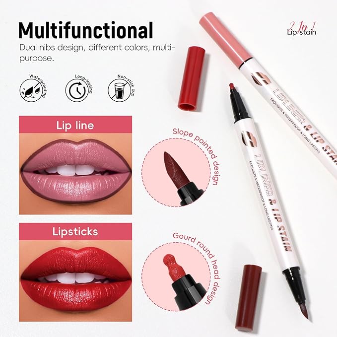 Brown Liquid Lip Liner Red Lip Stain Marker Pen, 2in1 Double Head 2 Color Lip Tint Pencil, Long Lasting Smudge Proof Lightweight Natural Matte Finish All Day Wear Cherry Lip Combo for Women