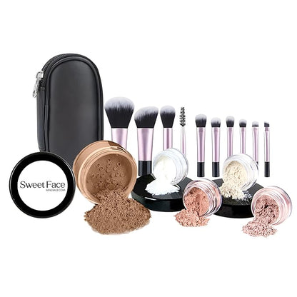 16pc STARTER KIT with 10 BRUSHES SET (COCOA) Mineral Makeup Bare Face Loose Powder Includes Matte Foundation, Veil Primer, Blush, Bronzer, Translucent Finishing Setting Powder SPF 30 Travel Size