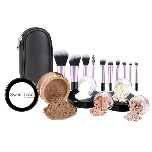 16pc STARTER KIT with 10 BRUSHES SET (COCOA) Mineral Makeup Bare Face Loose Powder Includes Matte Foundation, Veil Primer, Blush, Bronzer, Translucent Finishing Setting Powder SPF 30 Travel Size
