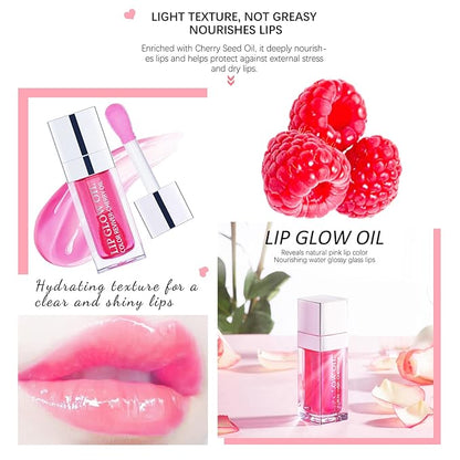 2 in 1 Lip Oil & Tinted Balm, Hydrating Plump Gloss, Repairs Lip Lines & Lightens, Non-sticky (Raspberry / Cherry)