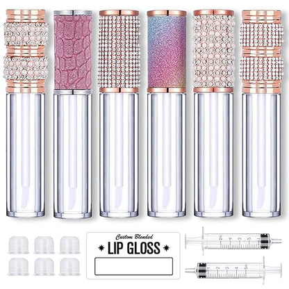 AMORIX 6pcs Lip Gloss Tubes with Wand 5ml Empty Rhinestone Lip Gloss Containers Cute Lipgloss Bottles Crystal Lip Gloss Supplies Kit with Syringe for DIY Lip Gloss Base