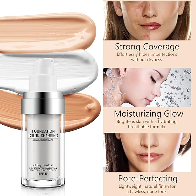 Foundation 1PCS,Concealer Cover Cream, Flawless Colour Changing Warm Skin Tone Foundation Makeup, Base Nude Face Liquid Cover Concealer