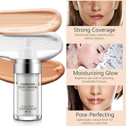 Foundation 1PCS,Concealer Cover Cream, Flawless Colour Changing Warm Skin Tone Foundation Makeup, Base Nude Face Liquid Cover Concealer