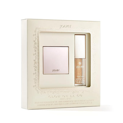 Jouer Glow On La Go Cheek & Lip Set - Deluxe Ice Highlighter + Diamond Shimmering Tinted Lip Oil - Highlighter Powder for Face - Luminizing Powder & Shimmer Lip Oil