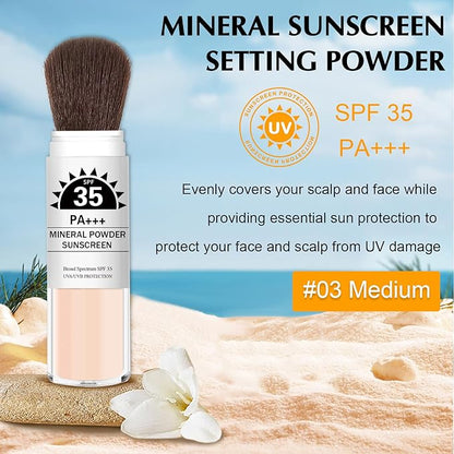 Mineral Powder Sunscreen SPF 35 Setting Powder for Face Broad Spectrum Mineral Brush Powder Lightweight Breathable Oil Control Matte Finish for All Skin Tones(Medium)