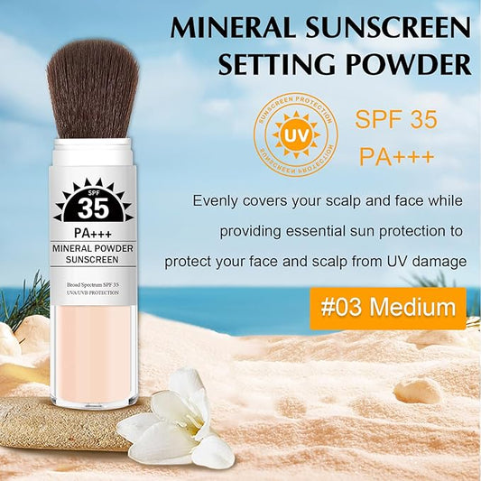 Mineral Powder Sunscreen SPF 35 Setting Powder for Face Broad Spectrum Mineral Brush Powder Lightweight Breathable Oil Control Matte Finish for All Skin Tones(Medium)