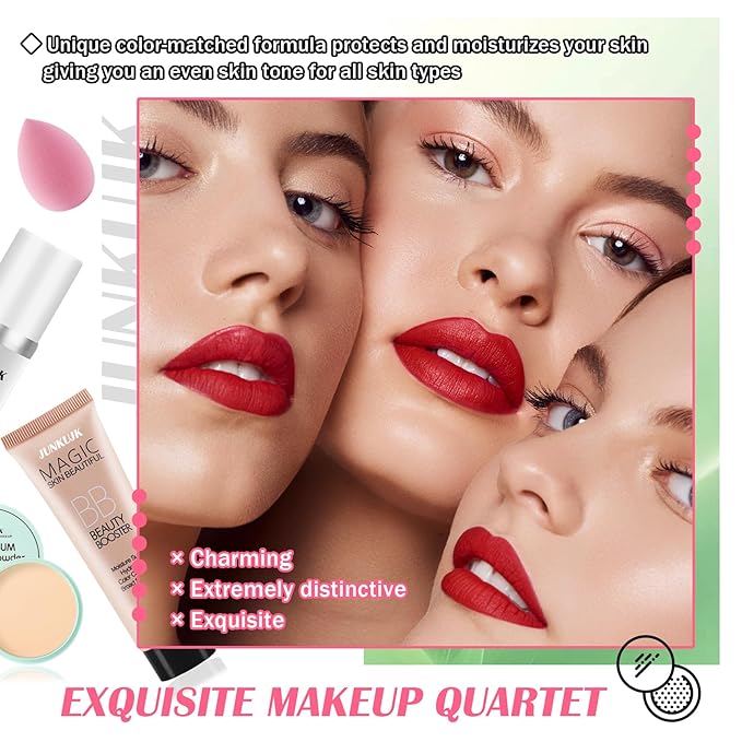 Color Changing Full Coverage Liquid Foundation Makeup Gift Set,Moisturizing BB Cream for Women,Flawless Loose Setting Powder Face Primer Base Makeup Kit With Make up Sponge