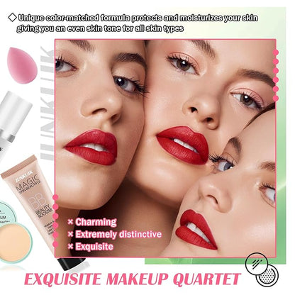 Color Changing Full Coverage Liquid Foundation Makeup Gift Set,Moisturizing BB Cream for Women,Flawless Loose Setting Powder Face Primer Base Makeup Kit With Make up Sponge