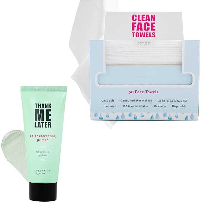 Elizabeth Mott - Thank Me Later Color Correcting Face Primer 30g and Thank Me Later Clean Face Towels - Cruelty Free - (2 - Pack Bundle)