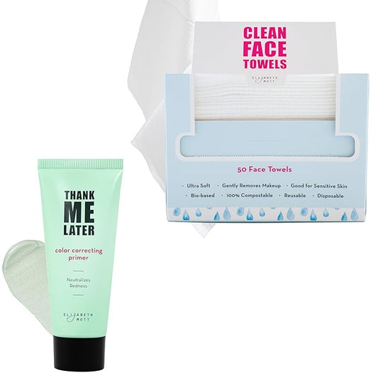 Elizabeth Mott - Thank Me Later Color Correcting Face Primer 30g and Thank Me Later Clean Face Towels - Cruelty Free - (2 - Pack Bundle)