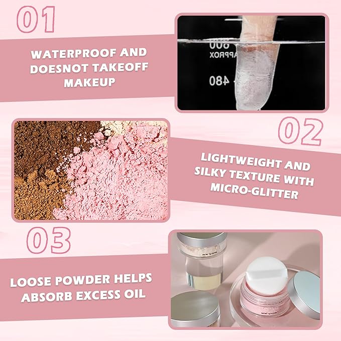 Pink Translucent Setting Powder Shimmer Glitter Loose Setting Powder Oil Control Matte Finishing Setting Face Powder Makeup for All Skin Tones