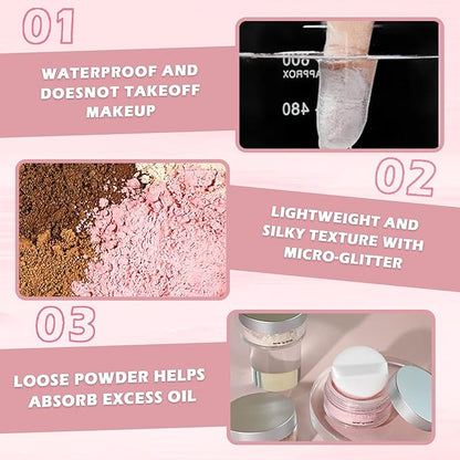 Pink Translucent Setting Powder Shimmer Glitter Loose Setting Powder Oil Control Matte Finishing Setting Face Powder Makeup for All Skin Tones