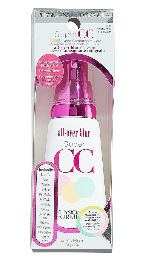 Physicians Formula Super CC+ Cream Foundation, Light Medium, Dermatologist Approved, Color-Correction and Care All-Over Blur CC Cream