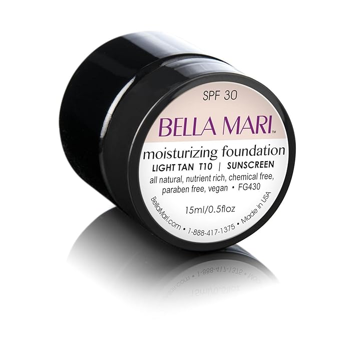 Natural Moisturizing Foundation by Bella Mari (Light Tan T10, 0.5 Fl Oz Jar) - Made with Organic Ingredients - No Toxic Synthetic Chemicals - TSA-Approved Travel Size