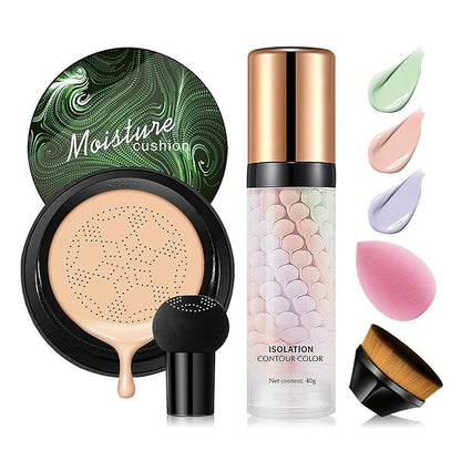 2PCS Mushroom Head Air Cushion CC Cream, Moisturizing Primer, Oil Control BB Cream for All Skin Types, Full Coverage Concealer Liquid Foundation Face Makeup Set with Foundation Brush & Makeup Sponge E
