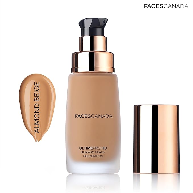 Faces Canada HD Runway Ready Foundation, Red Orange Extract & Gold particles, High Coverage, Oil-Free, Flawless Radiance, Vegan & Cruelty Free, Paraben Free, Almond Beige 06 (Beige), 1.01 Fl Oz