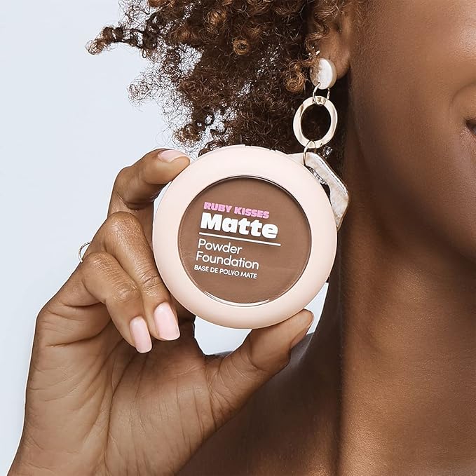 Ruby Kisses Matte Powder Foundation, Ebony, 8 Shades, Sponge & Mirror Included, Full Coverage, Versatile Pressed Powder Finisher