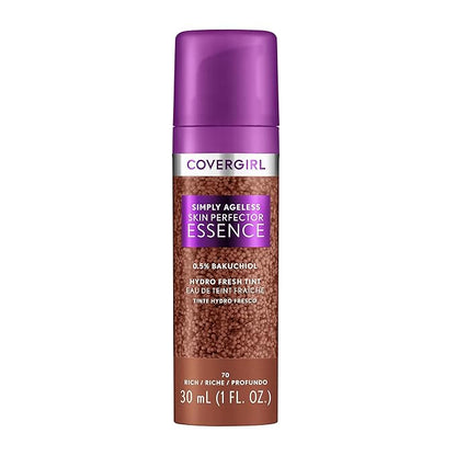 Covergirl Simply Ageless Skin Perfector Essence Foundation, 70 Rich, Tinted Skincare Makeup Hybrid, Sheer Tint, Radiant Finish, Glowy Finish, Vegan Formula, 1.0oz