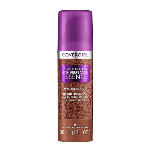 Covergirl Simply Ageless Skin Perfector Essence Foundation, 70 Rich, Tinted Skincare Makeup Hybrid, Sheer Tint, Radiant Finish, Glowy Finish, Vegan Formula, 1.0oz