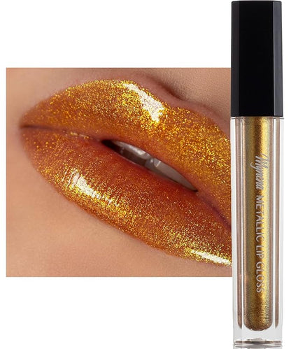 Mynena Gold Glitter Lip Gloss Non-Sticky Filled with Iridescent Sparkles | Lightweight Shimmer Lip Topper – Paraben-Free | Demi-Sheer Lipgloss from Cosplay to Everyday Glam | ISunny