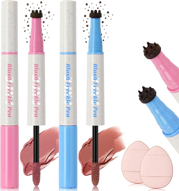 2 Colors Freckle Blush Pen for Lifelike Faux Freckle, Waterproof Freckle Stamp&Blusher 2 in 1 for Natural Sunkissed Makeup, Fake Freckles Stain Marker with Puff